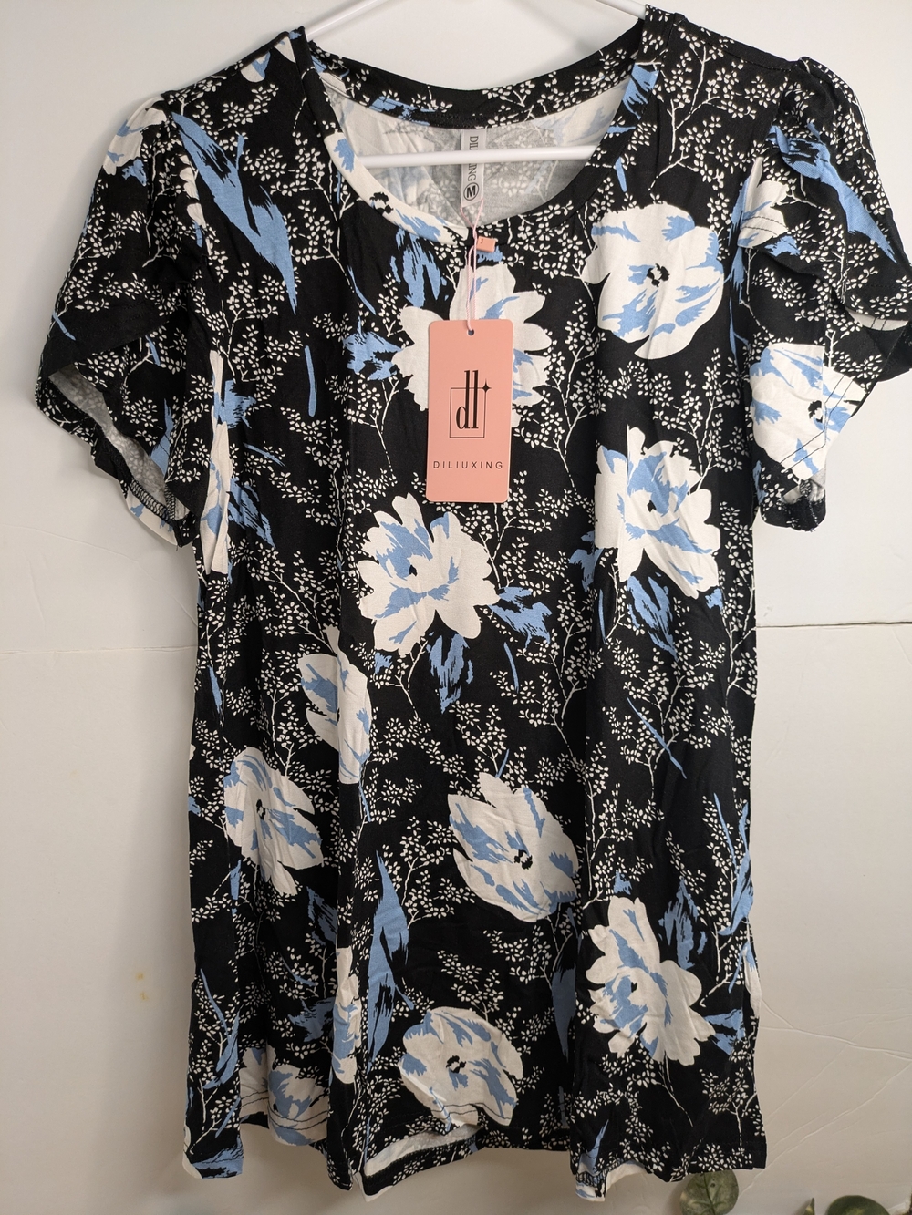 Black Floral Short Sleeve Dress with Blue and White Flowers